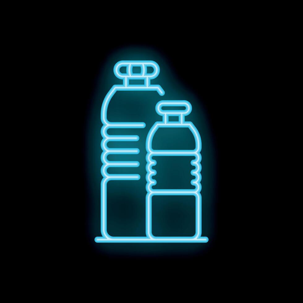 Neon icon of two reusable water bottles glowing on black background vector