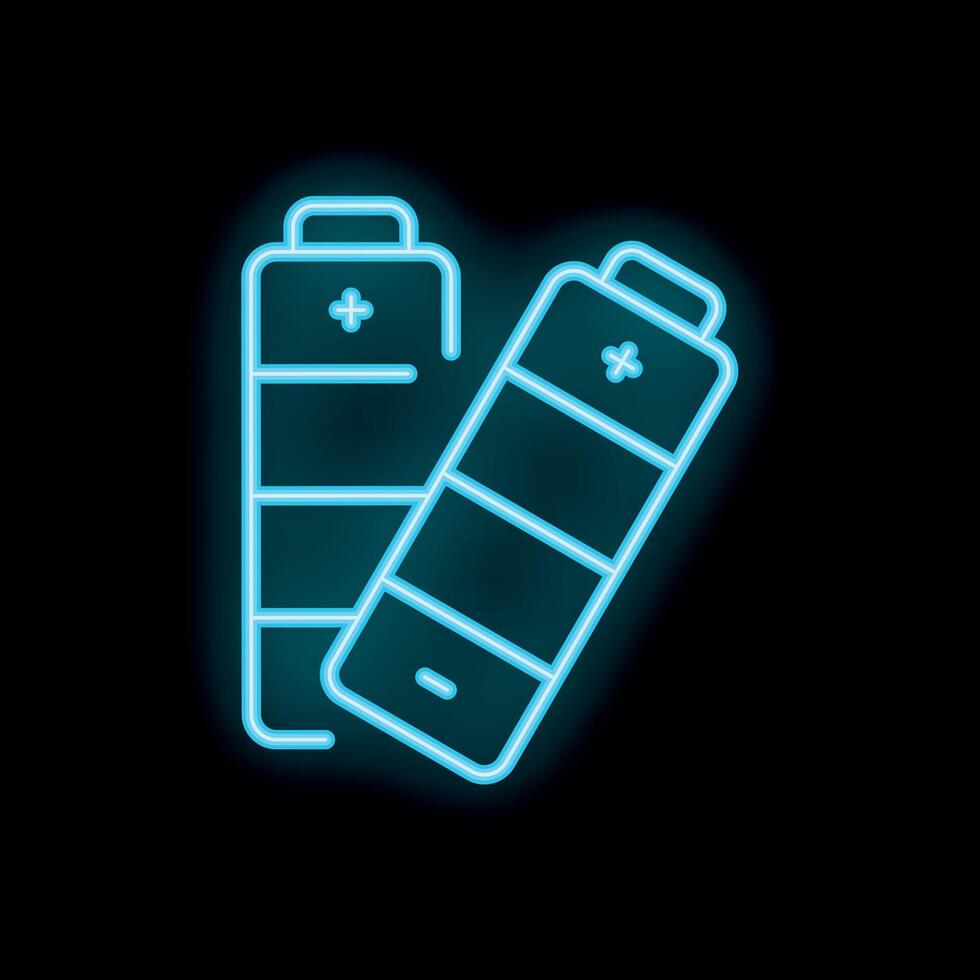 Glowing neon icon of two batteries showing different charge levels vector