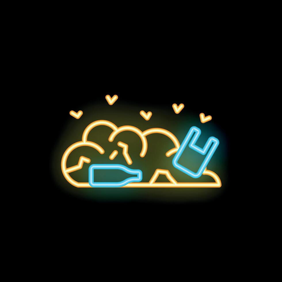 Neon icon of brain polluted with plastic waste symbolizing environmental issues vector