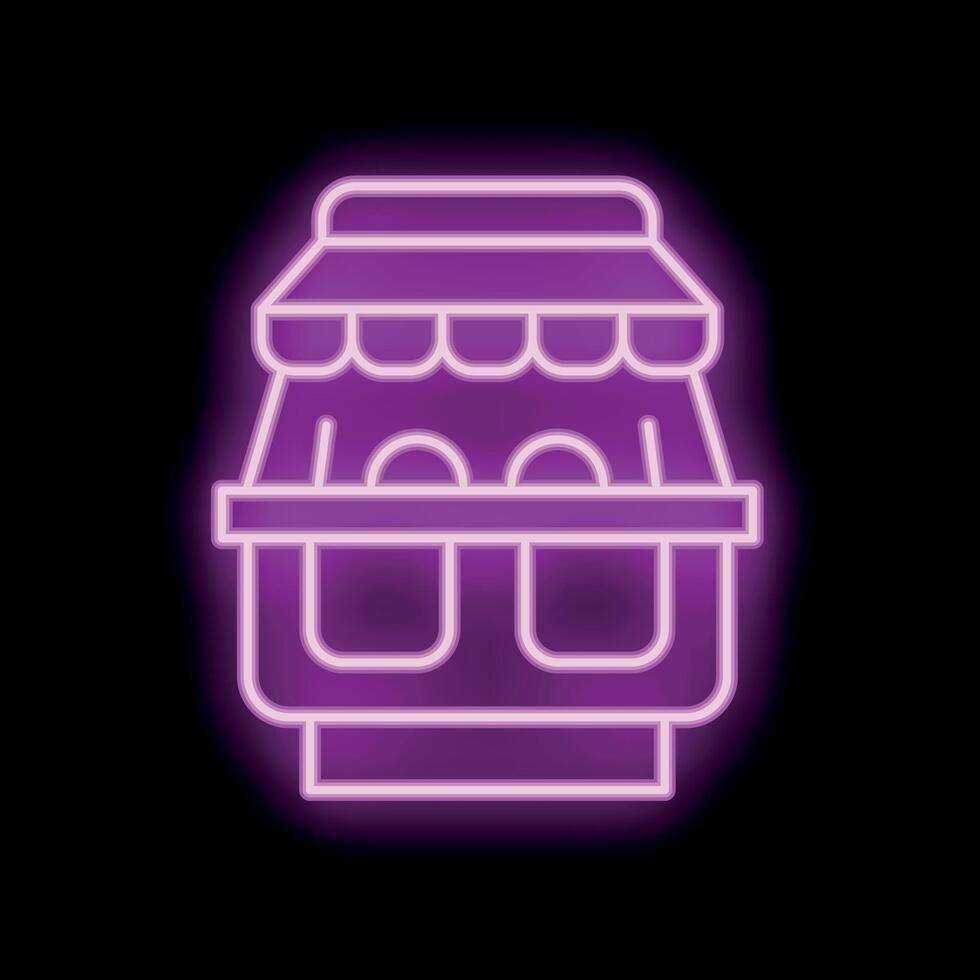Neon sign depicting a market stall with awning on black background vector