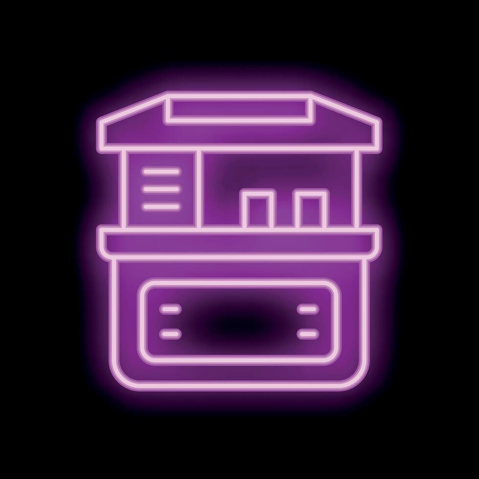 Neon sign representing a ticket office building with open windows on a black background vector