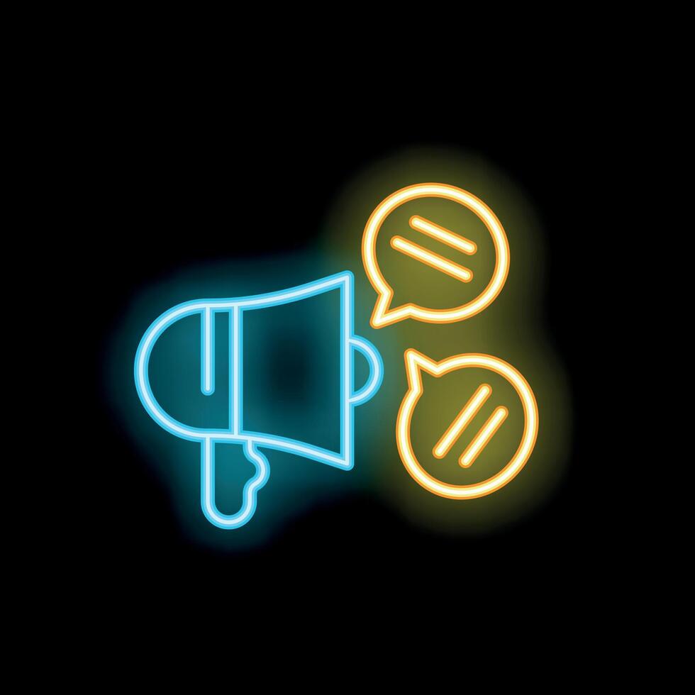 Neon megaphone announcing with speech bubbles on dark background vector