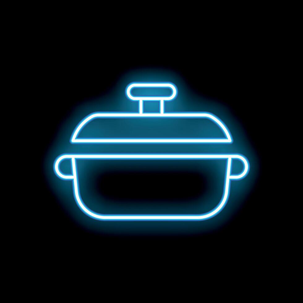 Blue neon sign of a cooking pot with lid open on a black background vector