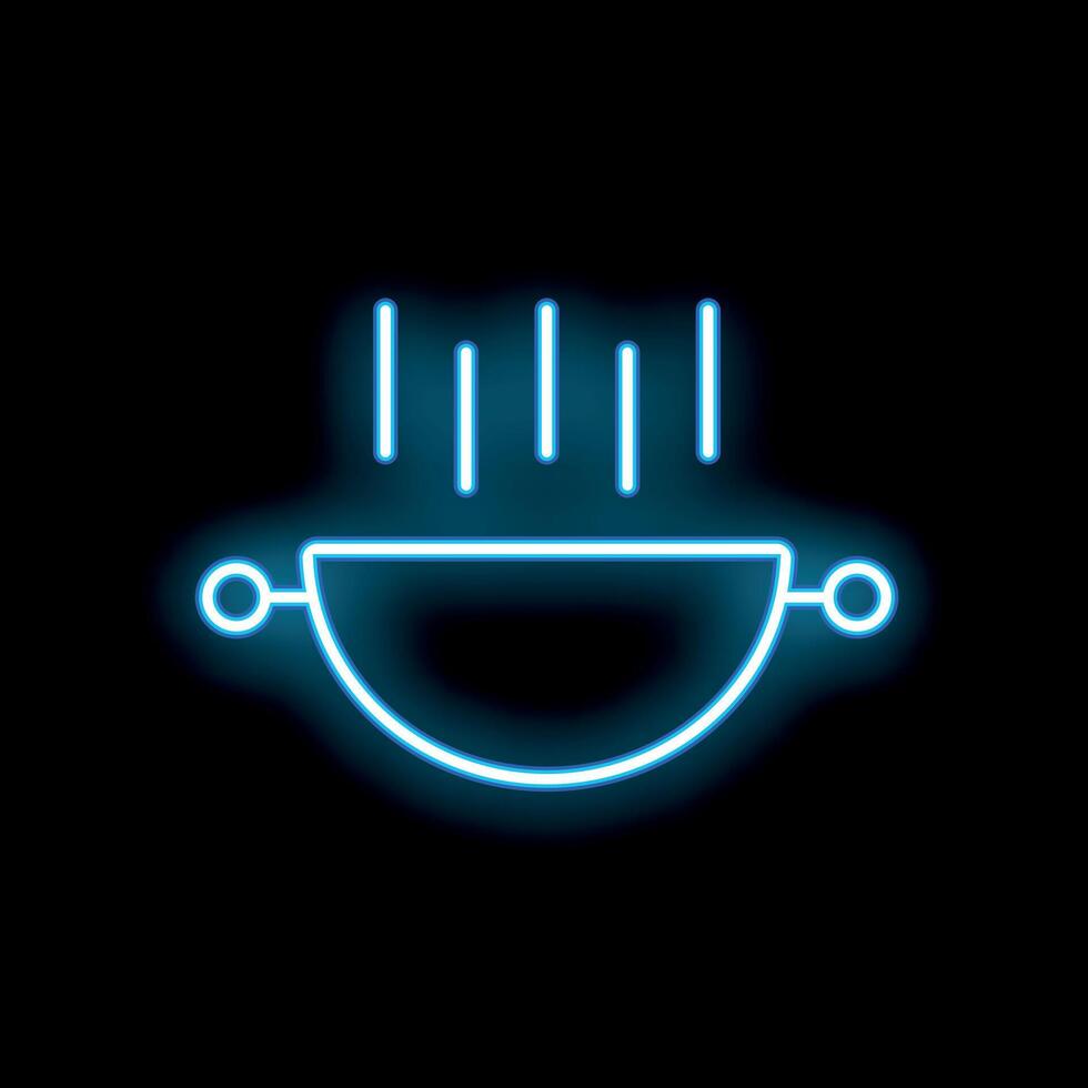 Neon blue icon of steaming bowl of soup on black background vector