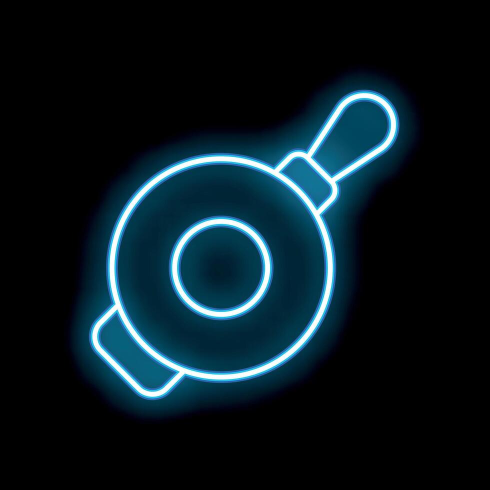 Blue neon frying pan glowing on black background vector
