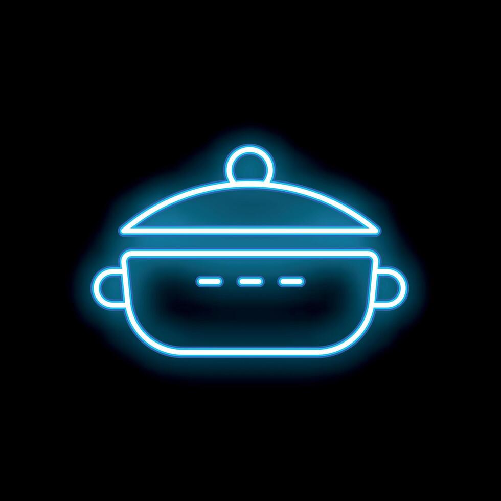 Neon sign showing steaming cooking pot on black background vector
