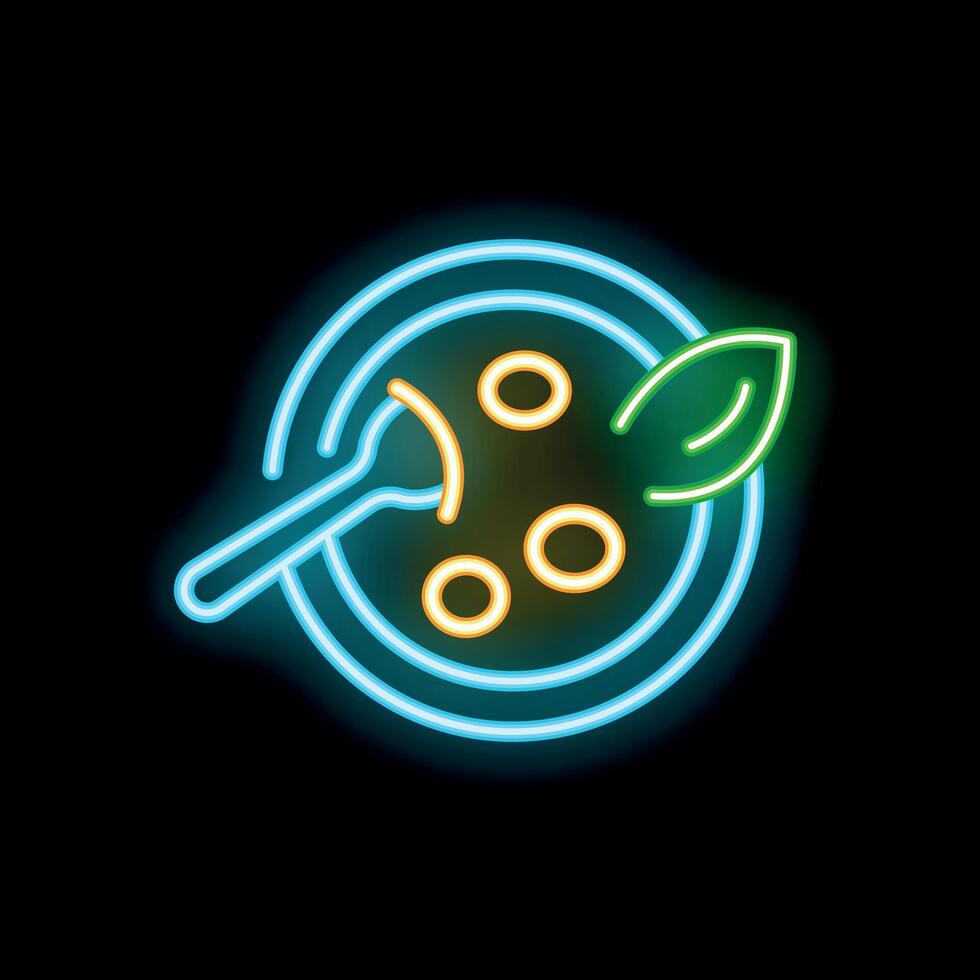 Neon sign depicting fork picking food from a plate with a garnish vector