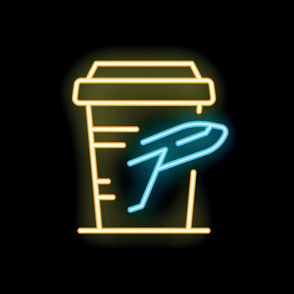 Neon glowing coffee cup and airplane taking off icon vector