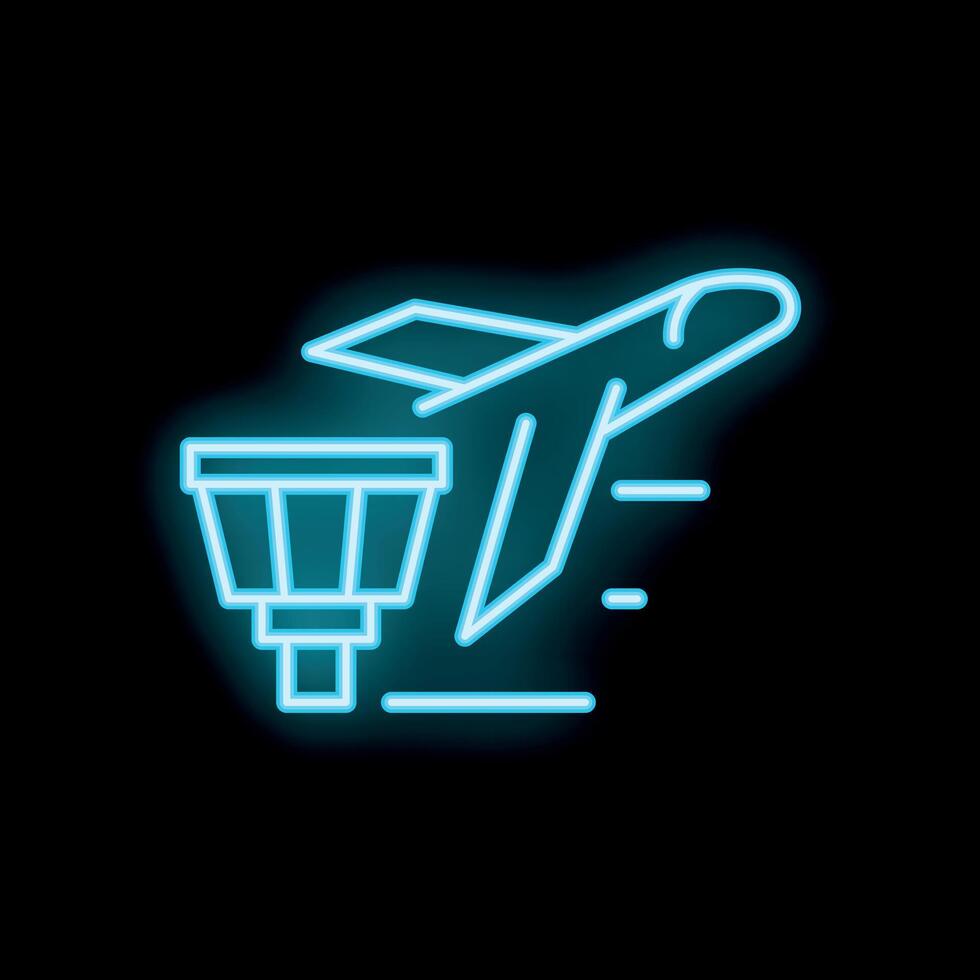Neon icon of airplane taking off from airport runway vector