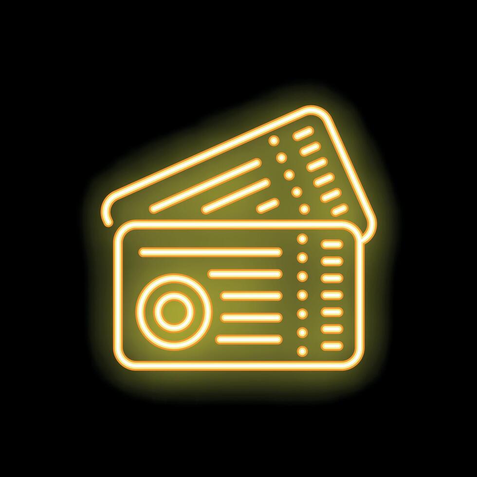 Yellow neon sign of two tickets on a black background vector