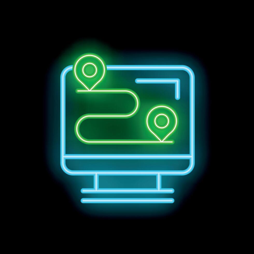 Neon computer screen showing gps navigation with pin pointer on the map vector