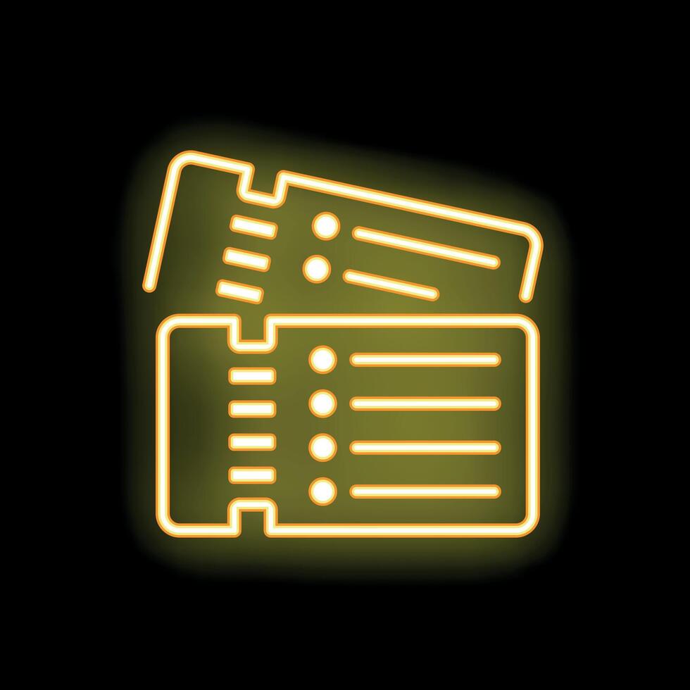 Two bright yellow neon tickets glowing on a black background vector