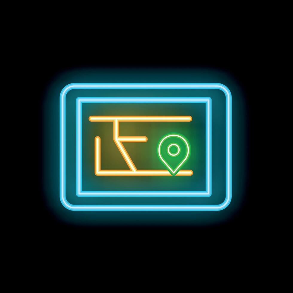 Neon glowing tablet computer showing location tracking app icon on black background vector