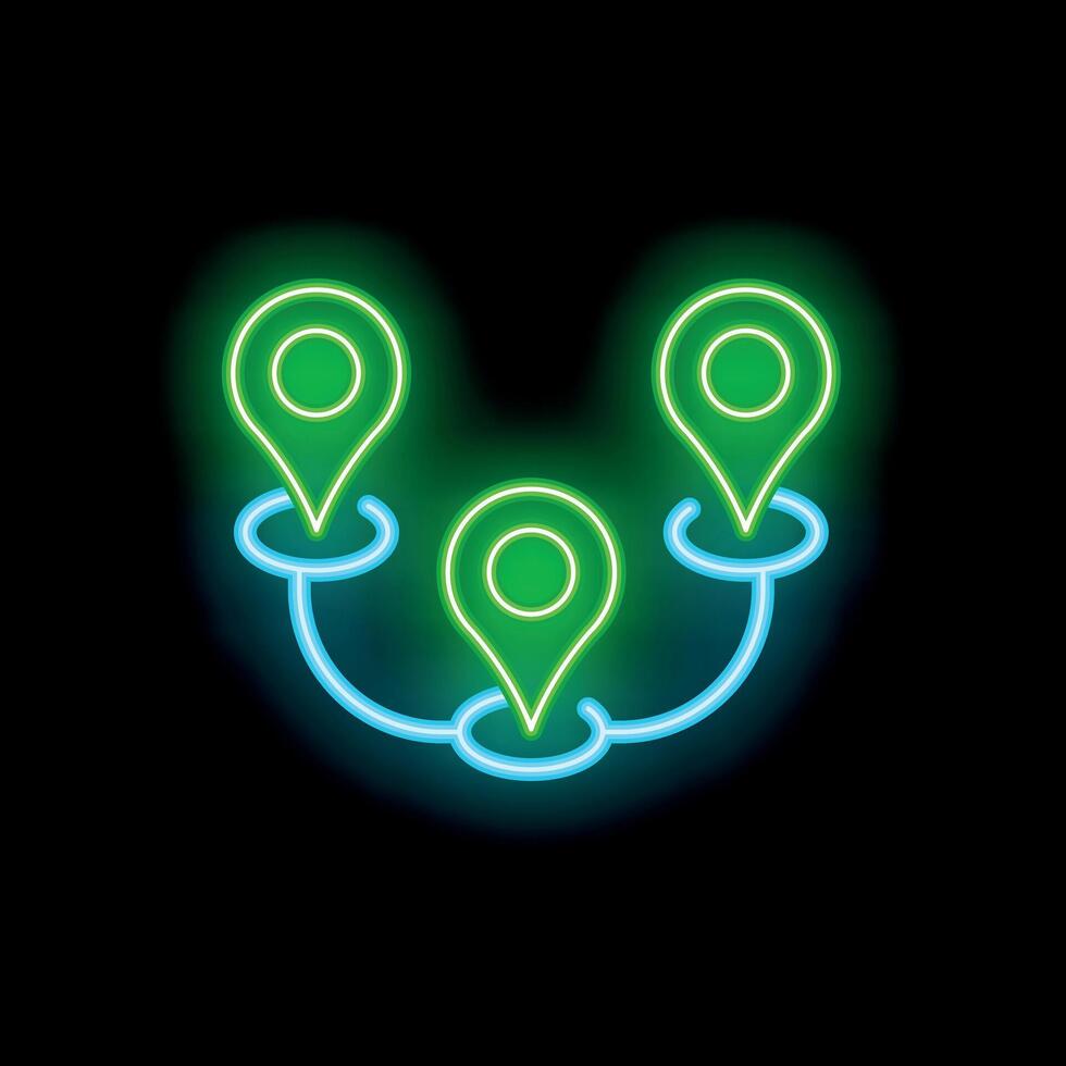 Neon sign showing three location pins connected with blue line on black background vector