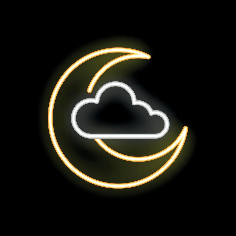Yellow neon sign of a crescent moon partially covered by clouds on a black background vector