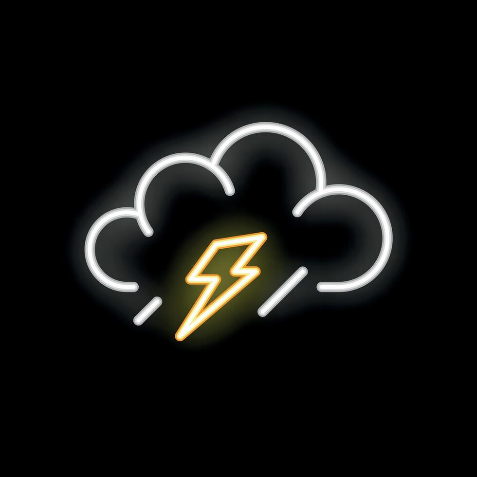 Neon cloud with lightning bolt and rain glowing on black background vector