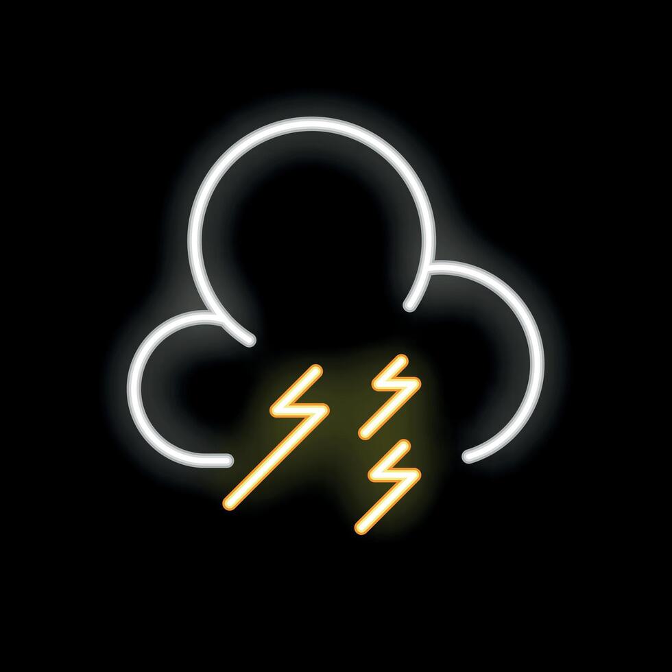 White and yellow neon sign of a storm cloud with lightning on a black background vector