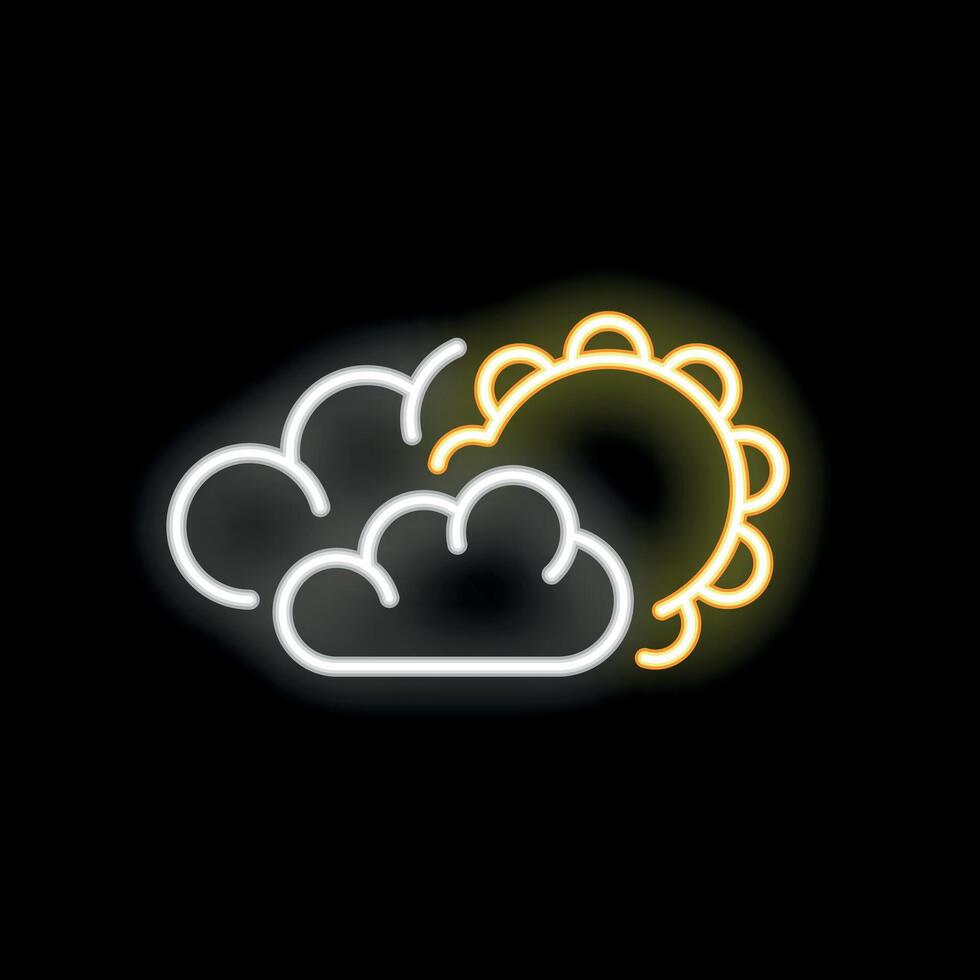 Bright yellow sun hiding behind white clouds neon sign on black background vector
