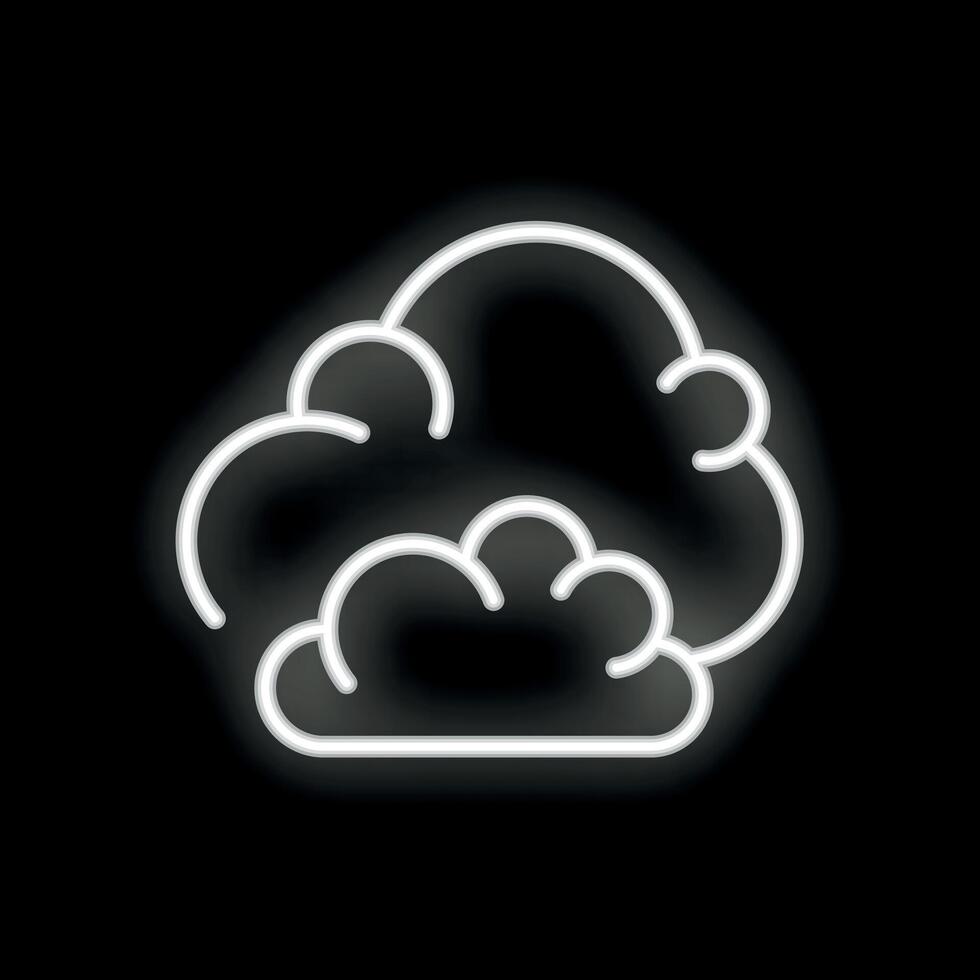 Neon style icon of two overlapping clouds glowing white on black background vector