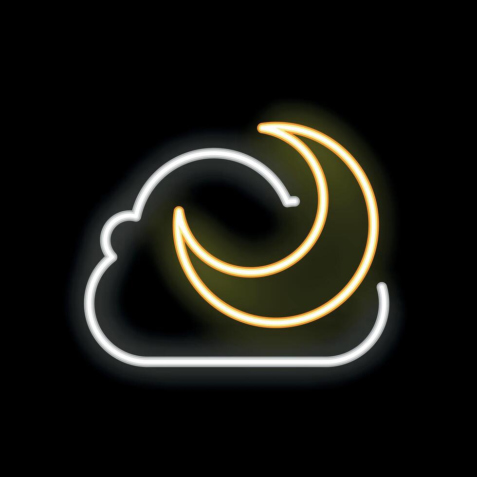 Neon yellow crescent moon hiding in white clouds at night vector