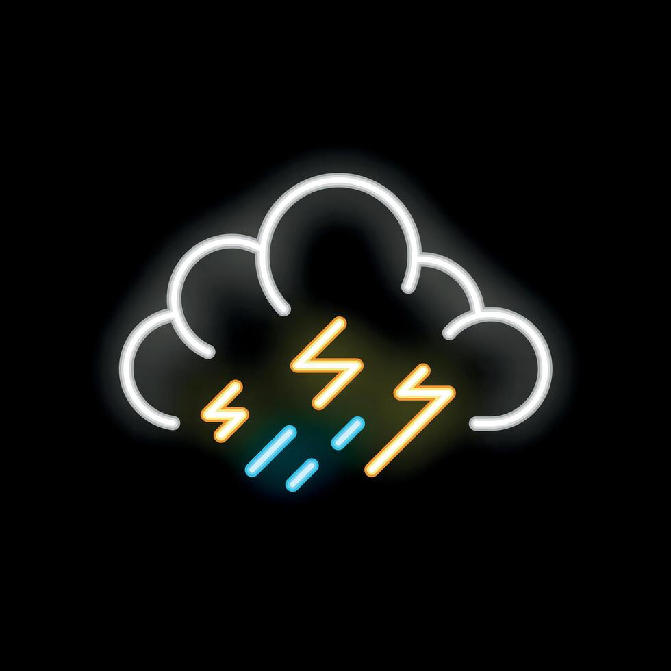 Neon sign depicting storm cloud with lightning and rain on black background vector