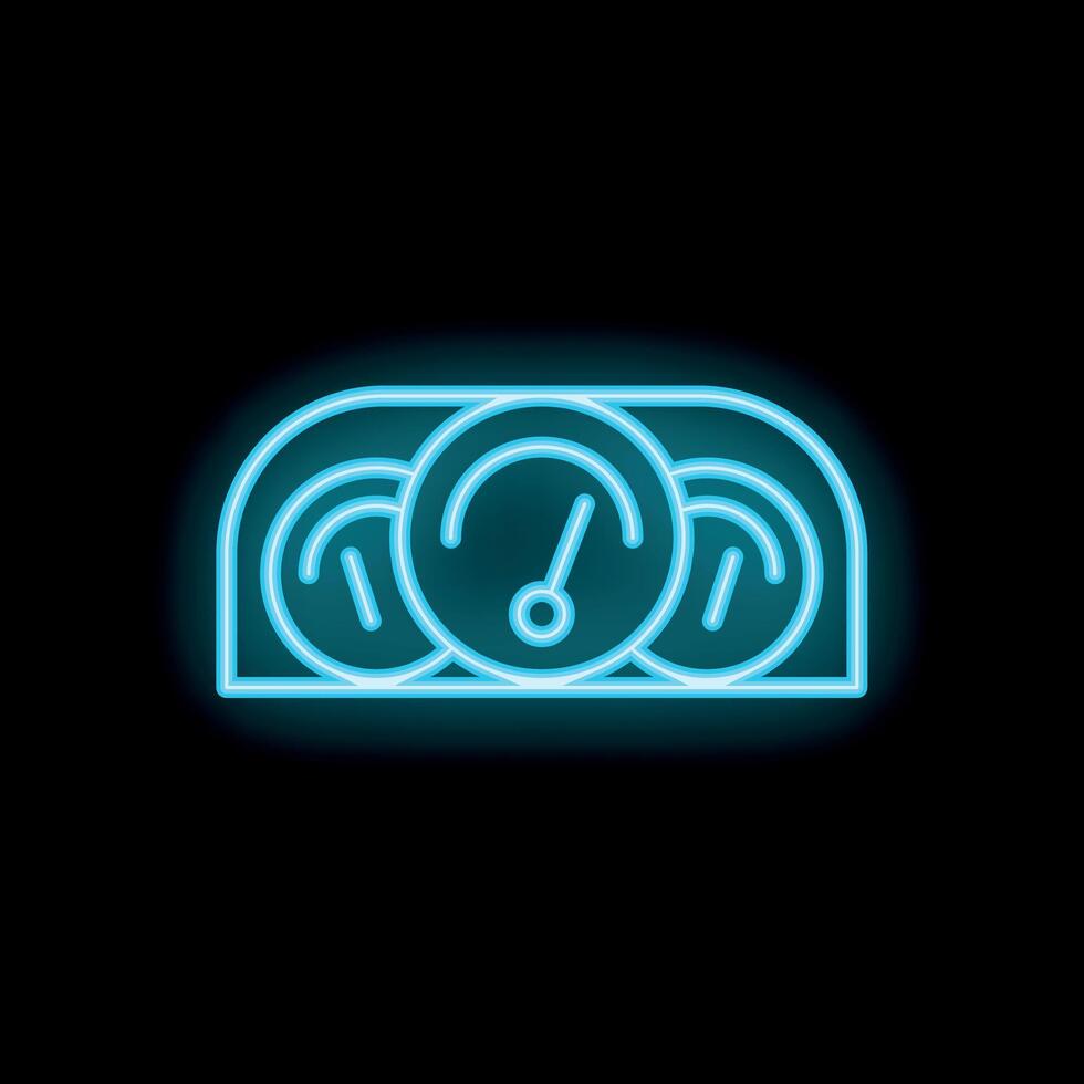 Neon dashboard icon with speedometer and gauges glowing blue vector