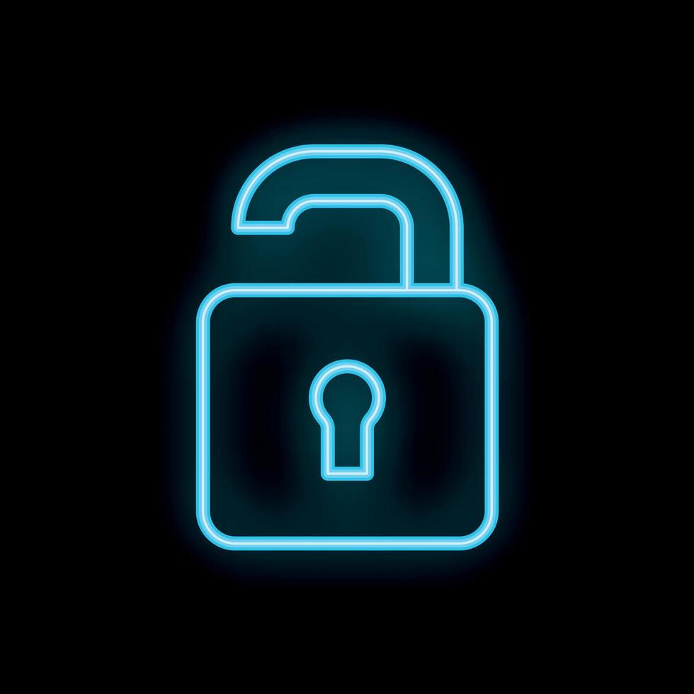 Neon open padlock icon glowing on black background vector