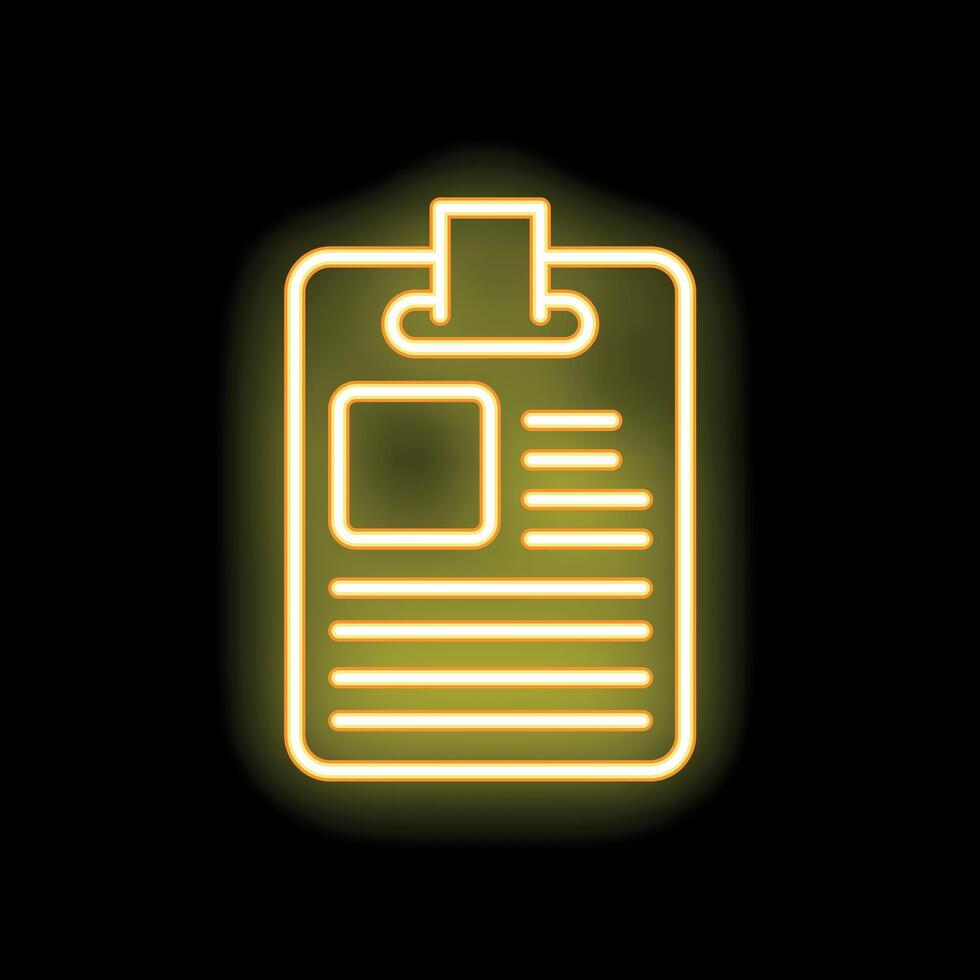 Yellow neon icon of clipboard with attached papers representing a curriculum vitae vector