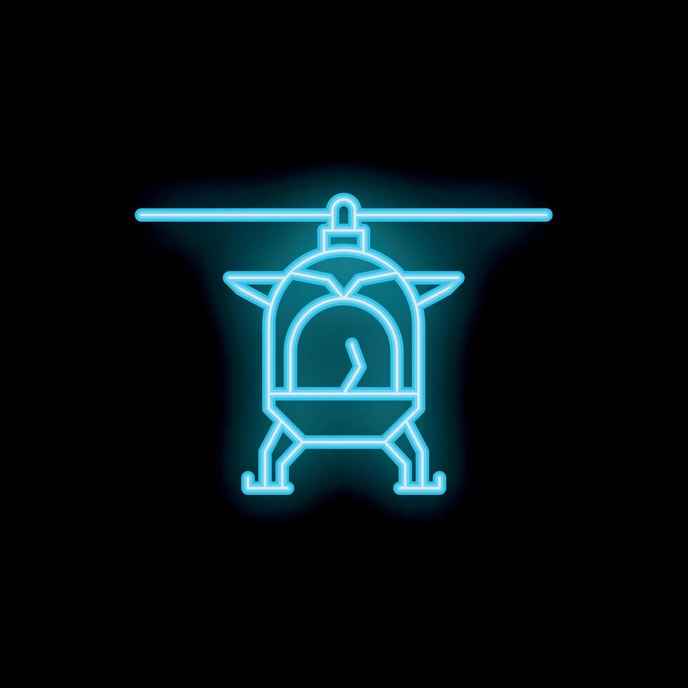 Bright blue neon helicopter flying on a black background vector