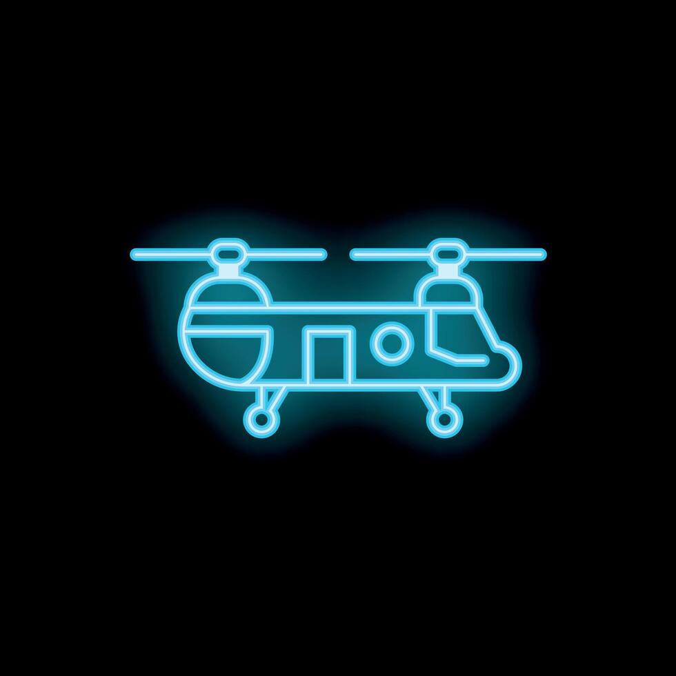 Neon sign of military helicopter with two rotors glowing on black background vector
