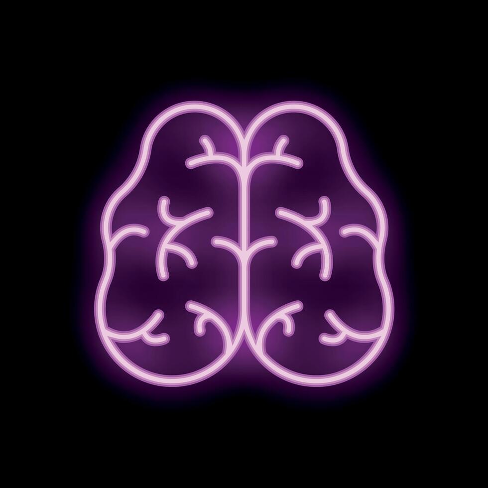 Pink neon brain glowing on black background vector