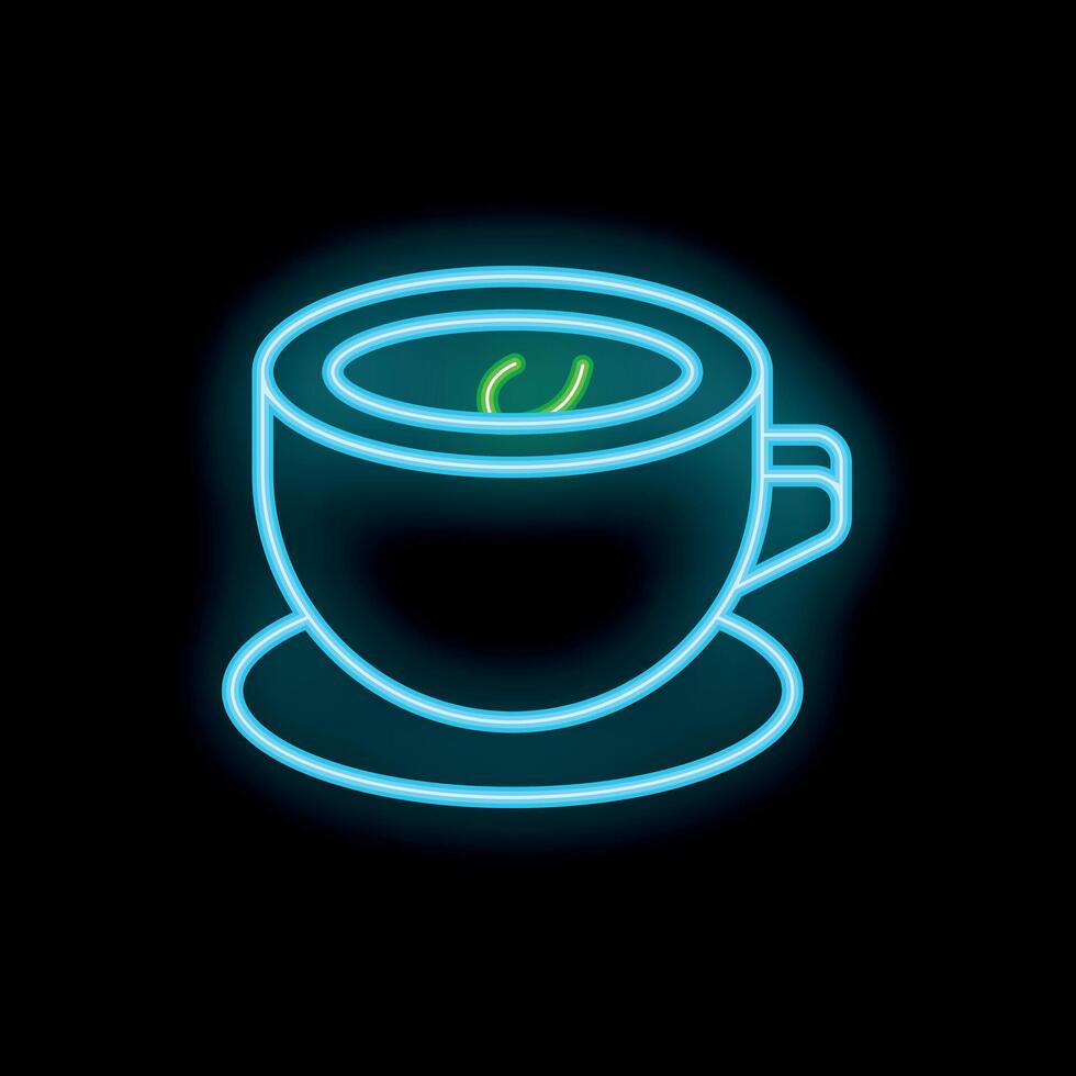 Bright neon sign of cup with hot steaming green tea on saucer vector
