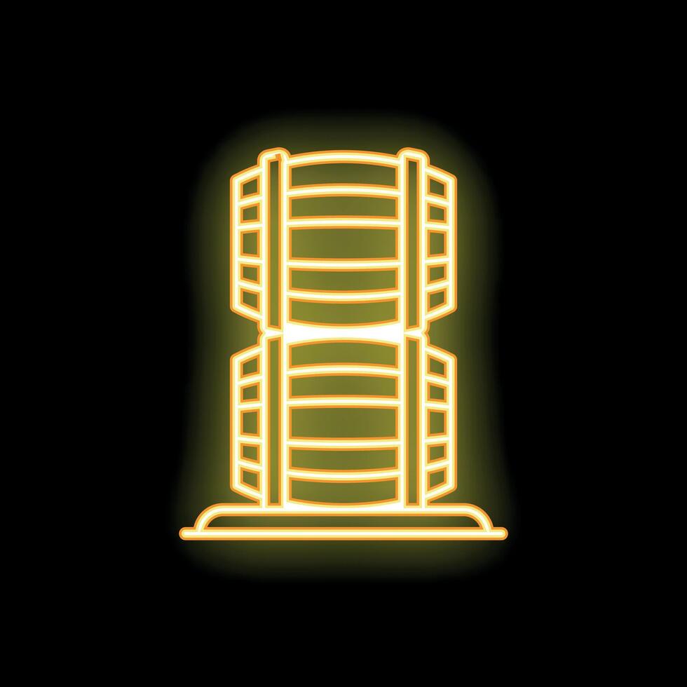 Glowing neon line two wooden barrels stacked beer sign on black background vector