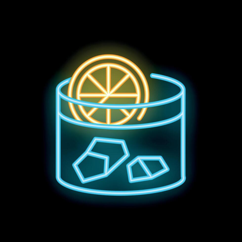 Neon sign of cocktail with slice of orange and ice cubes vector