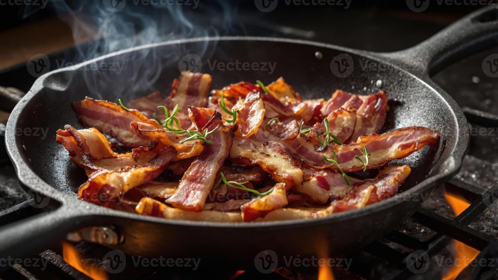 A sizzling pan of crispy bacon cooking, releasing steam and garnished with herbs. photo