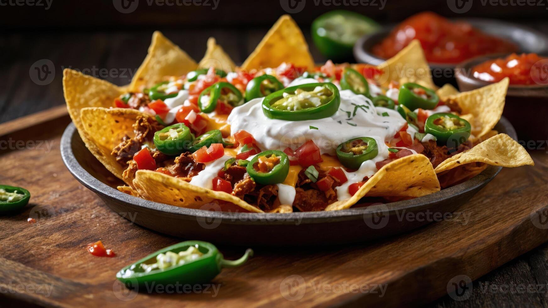 A vibrant plate of nachos topped with meat, jalapeos, sour cream, and fresh tomatoes. photo