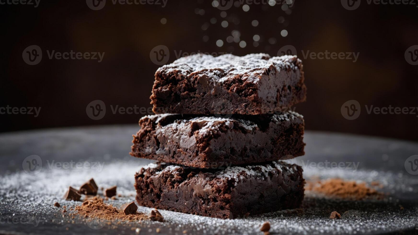 A stack of rich, chocolate brownies dusted with powdered sugar on a dark surface. photo