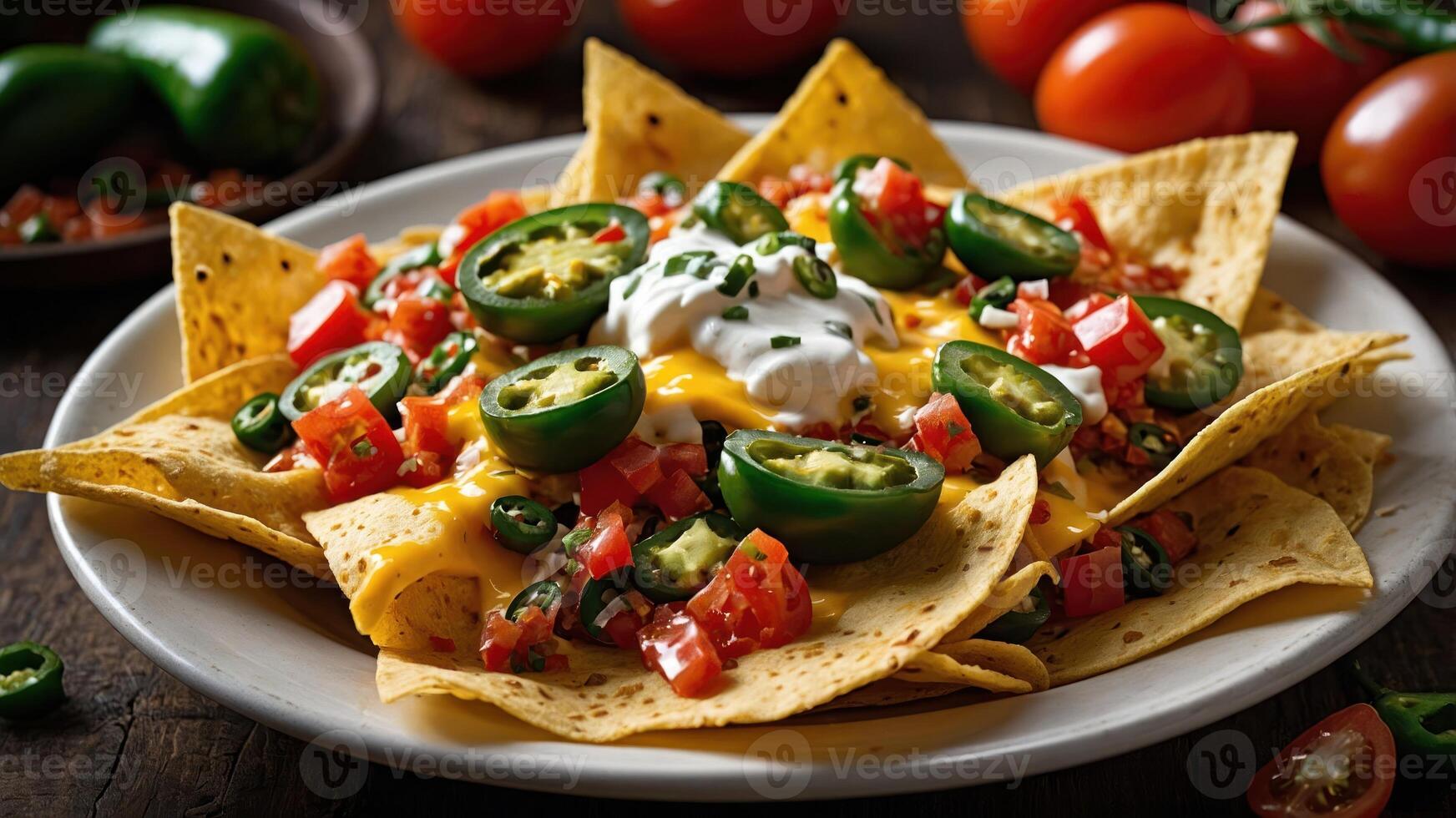 A plate of nachos topped with cheese, jalapeos, tomatoes, and sour cream. photo