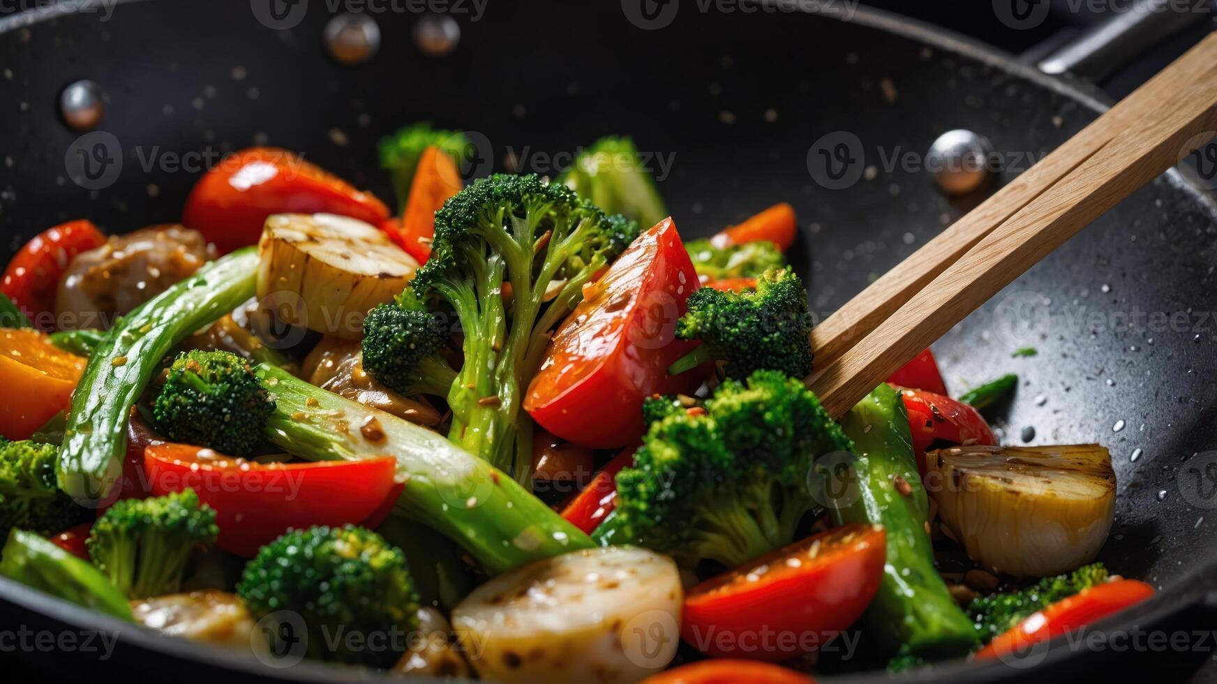 A colorful stir-fry of vegetables in a pan, showcasing fresh ingredients and cooking techniques. photo