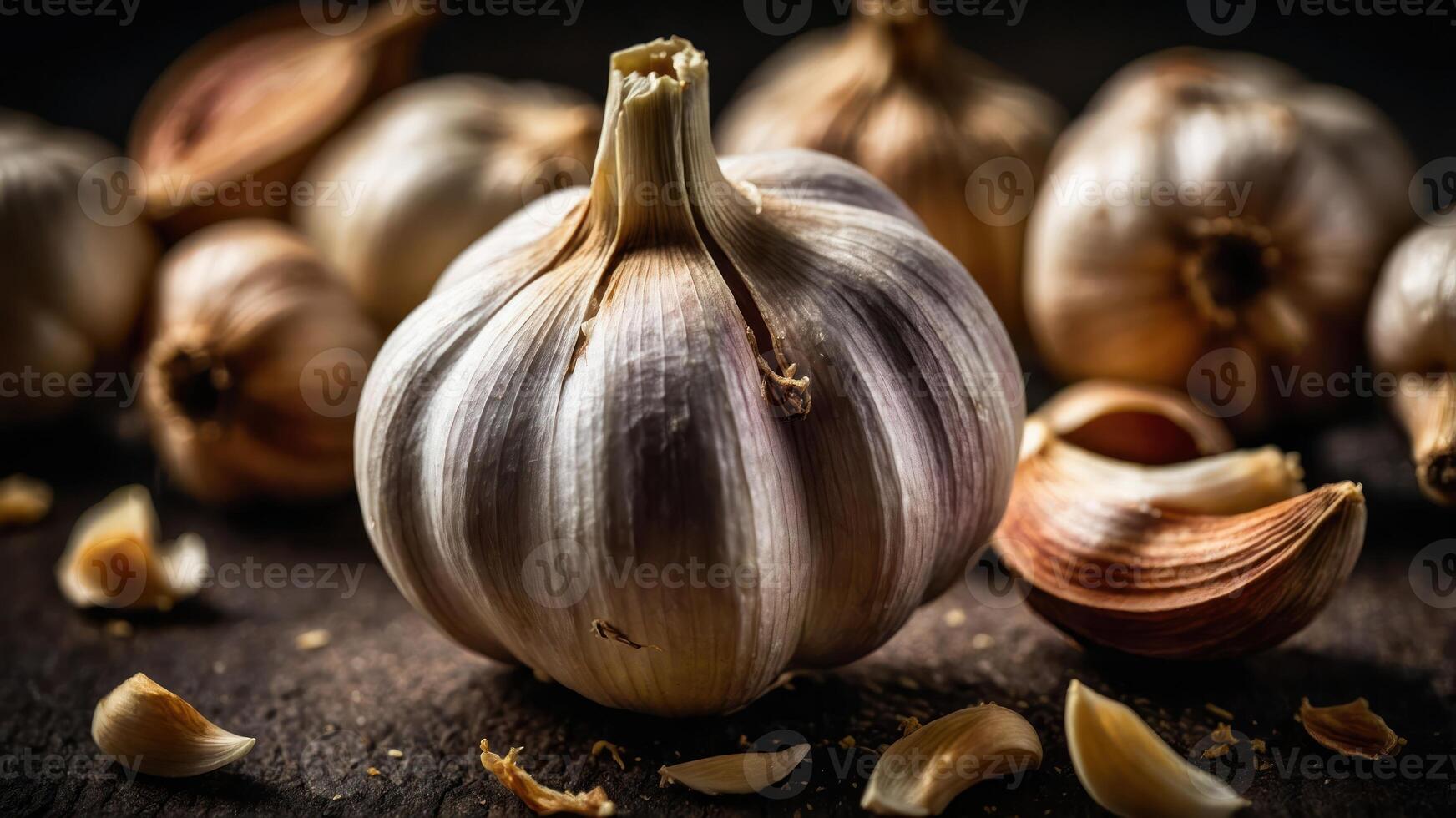 A close-up of garlic bulbs and cloves on a wooden surface, highlighting their texture and color. photo