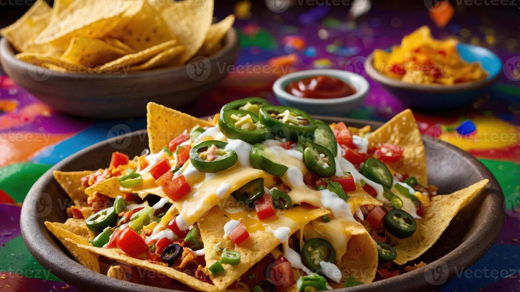 A vibrant plate of nachos topped with jalapeos, tomatoes, cheese, and sour cream. photo