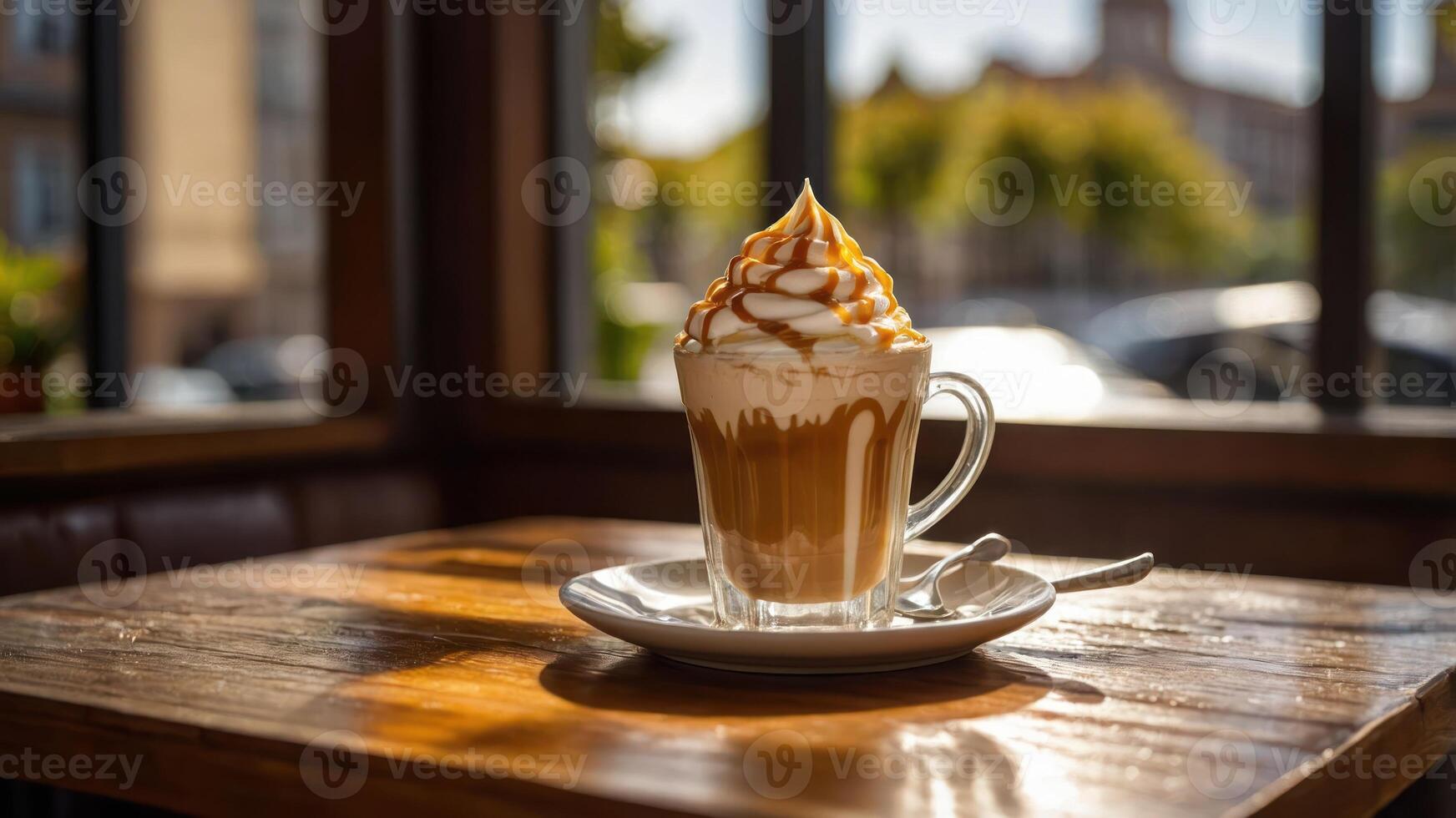 A delicious caramel latte topped with whipped cream and drizzled caramel, served in a cozy caf. photo