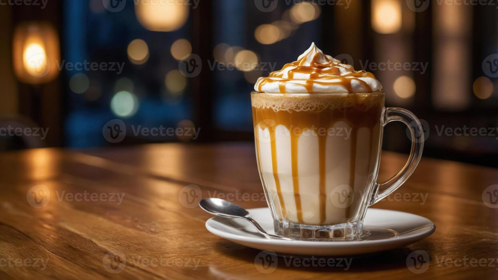 A delicious caramel latte topped with whipped cream, served in a glass on a wooden table. photo