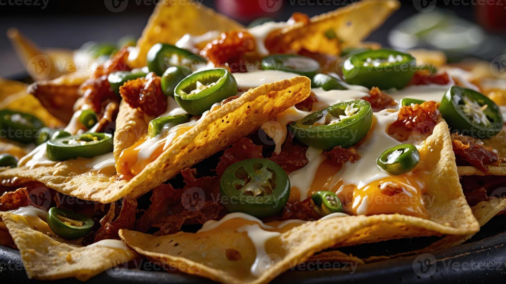 A close-up of nachos topped with jalapeos, cheese, and meat, served on a black platter. photo
