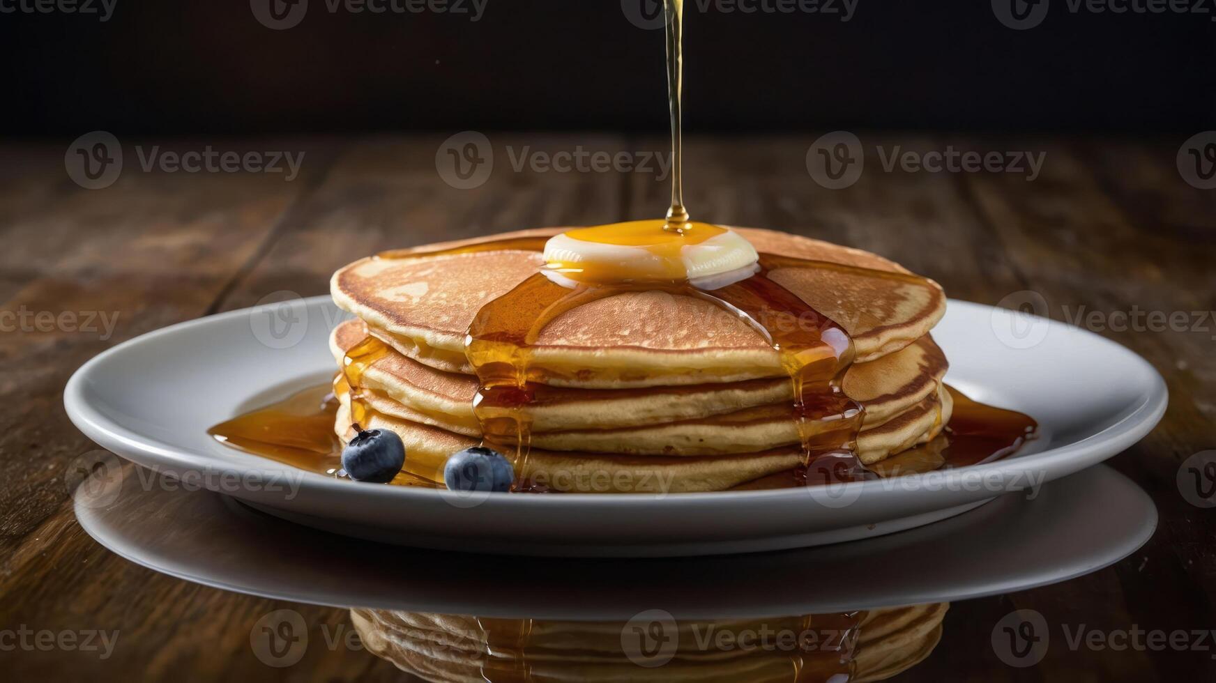 A stack of fluffy pancakes topped with butter and syrup, served with blueberries. photo