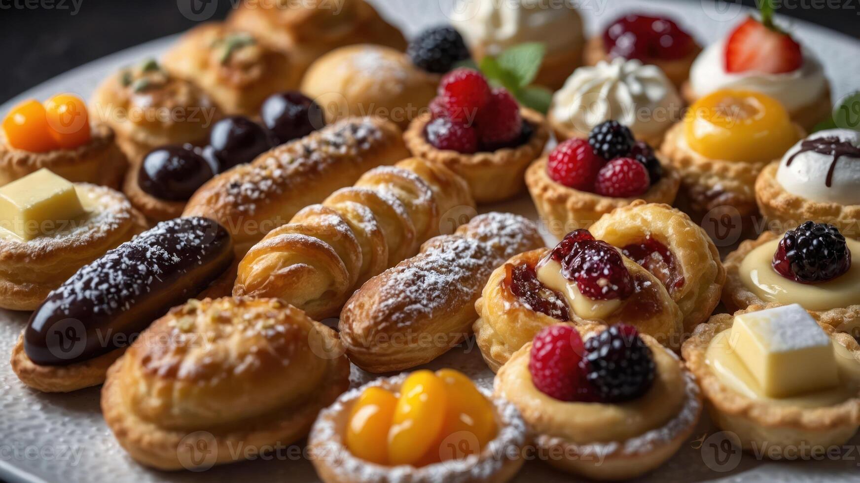 A colorful assortment of pastries and desserts arranged on a decorative plate. photo