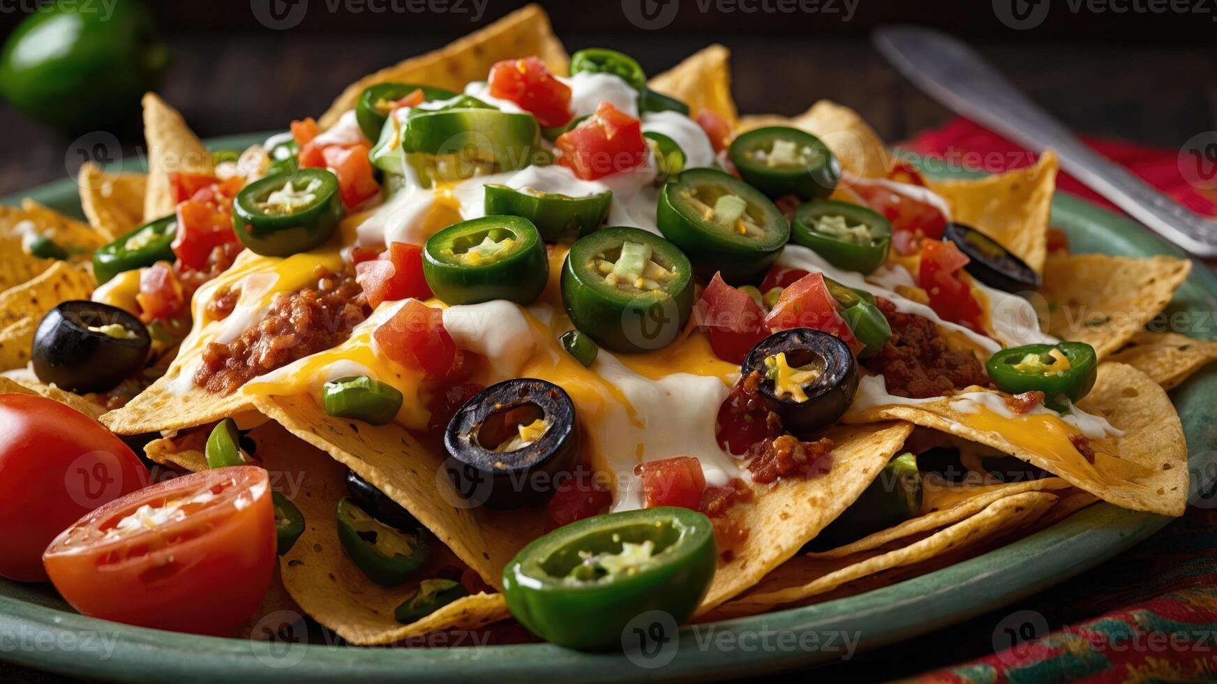 A plate of nachos topped with jalapeos, olives, tomatoes, and sour cream. photo
