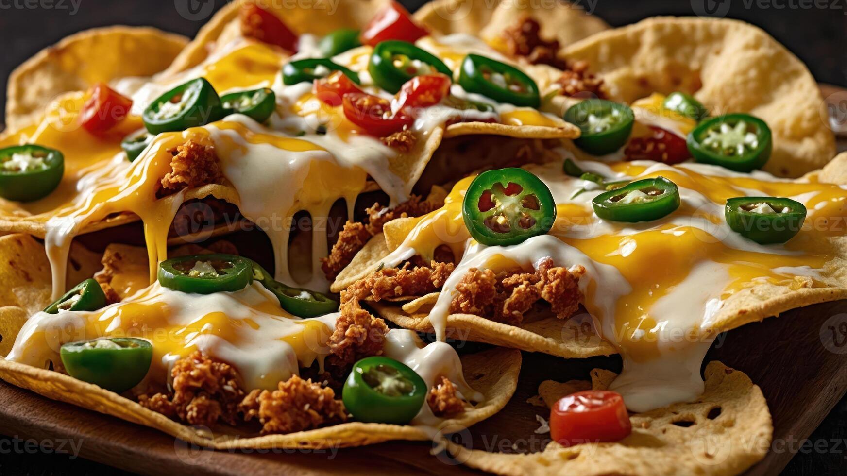 A delicious plate of nachos topped with cheese, jalapeos, and sour cream. photo