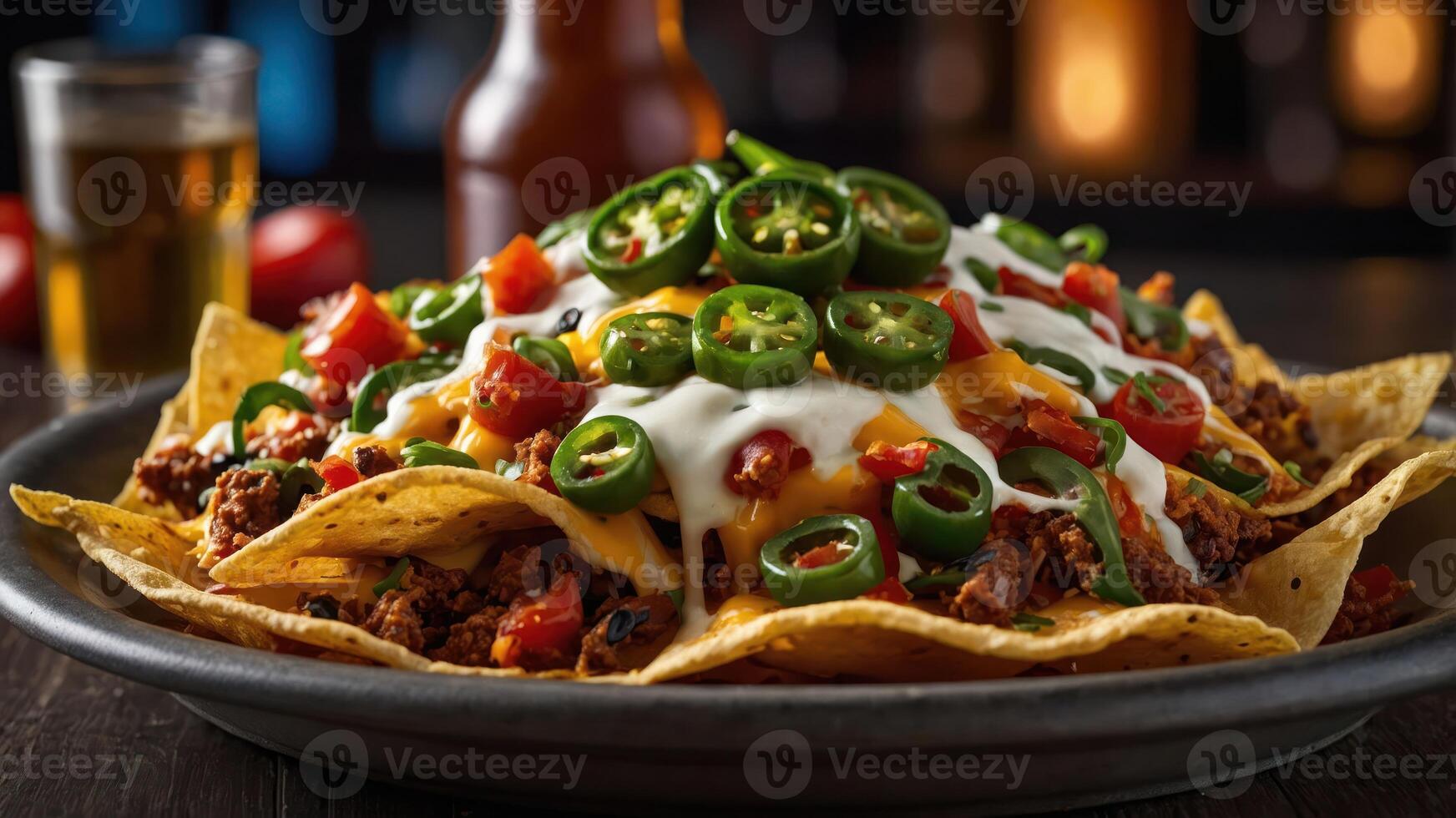 A plate of nachos topped with jalapeos, cheese, and salsa, perfect for sharing or snacking. photo