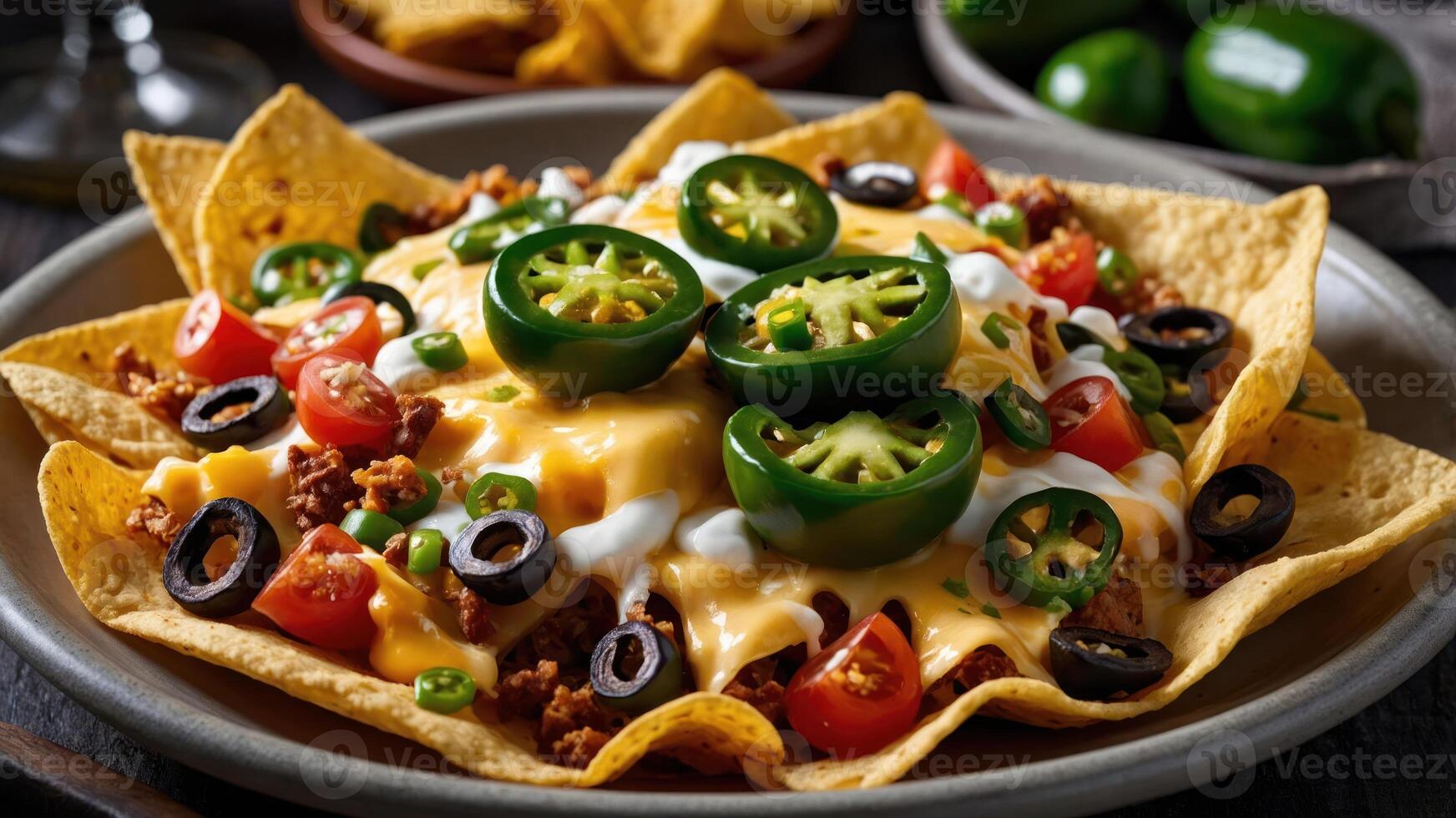 A plate of nachos topped with cheese, jalapeos, olives, and tomatoes, ready to enjoy. photo